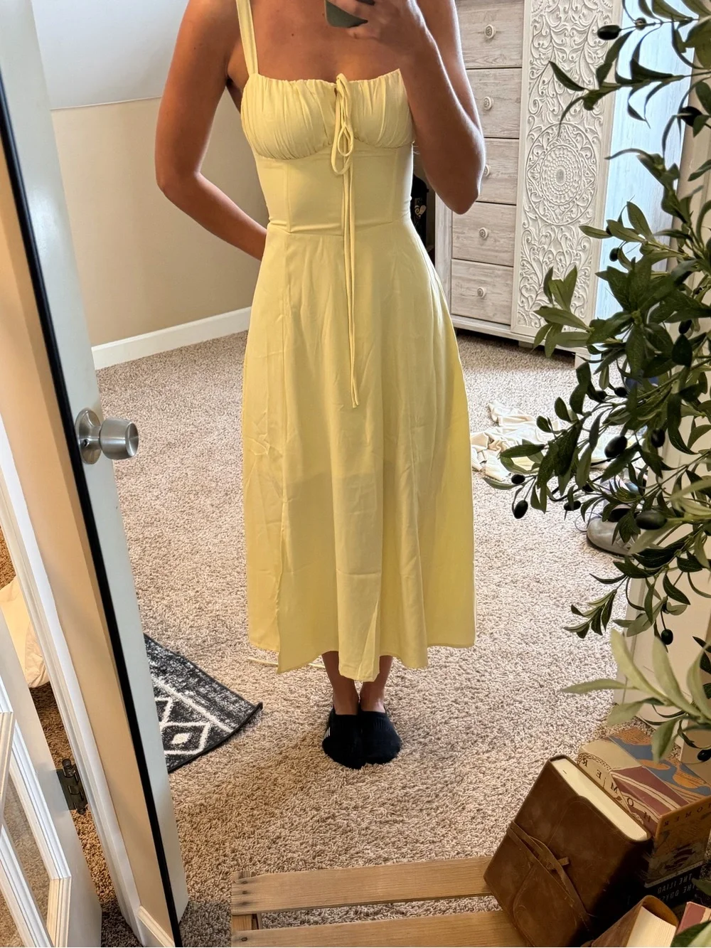 Light Yellow Spaghetti-Strap Midi Dress - Picture 1 of 4